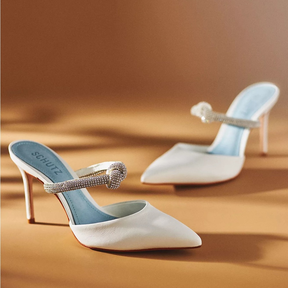 SCHUTZ White Pointed Toe Crystal-Strap Mules